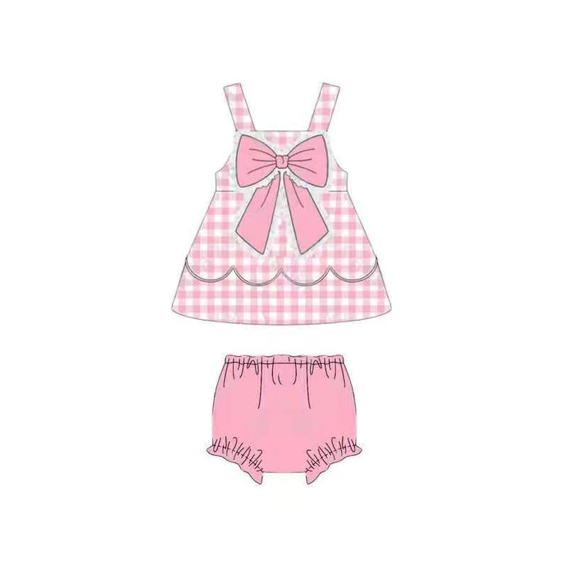 (Preorder new) No moq GBO0514 Baby Girls Pink Checked Print Strap Bow Top Bummies Set