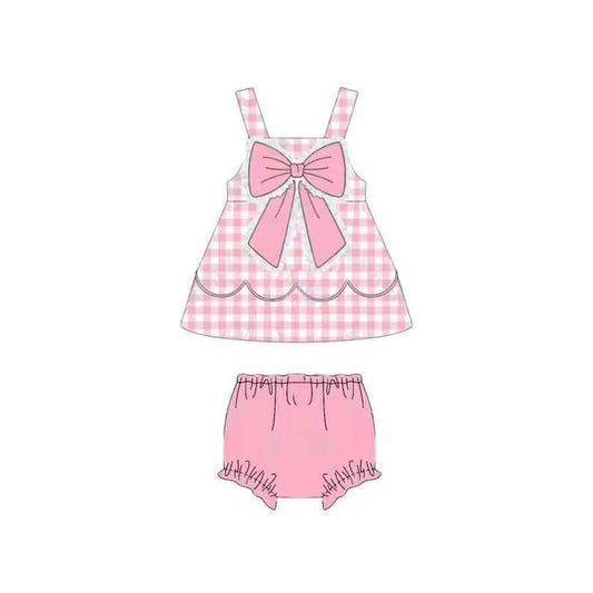 (Preorder new) No moq GBO0514 Baby Girls Pink Checked Print Strap Bow Top Bummies Set