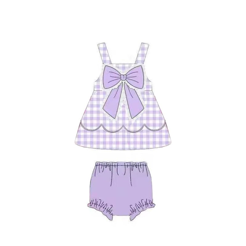 (Preorder new) No moq GBO0515 Baby Girls Lavender Checked Print Strap Bow Top And Matching Bummies Set