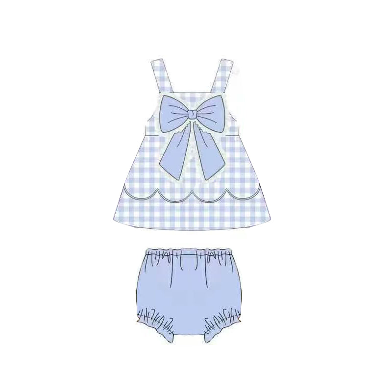 (Preorder new) No moq GBO0516 Baby Girls Blue Checked Print Strap Bow Top And Matching Bummies Set