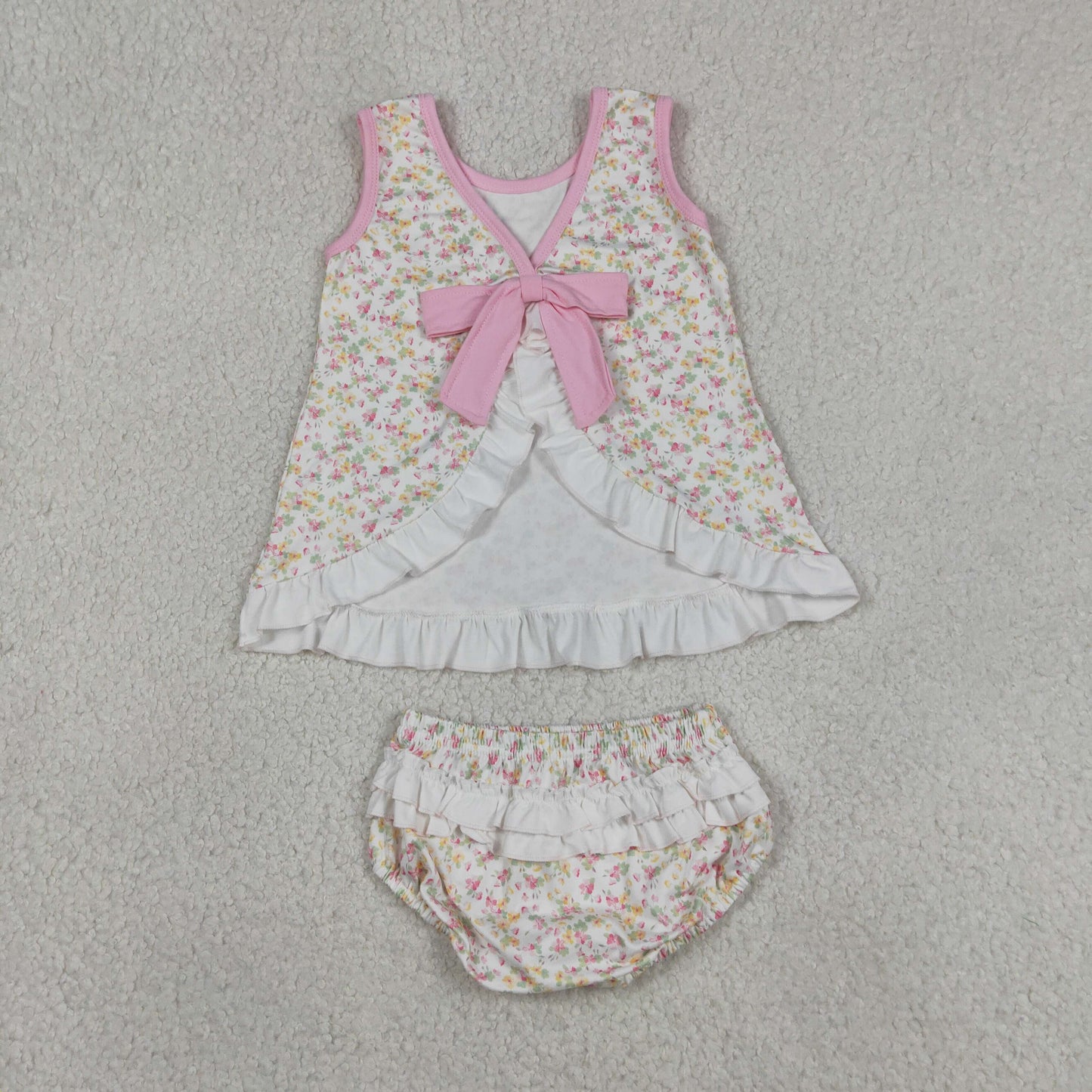 RTS NO MOQ milk silk GBO0518 Baby Girls Summer  Sleeveless Floral Print Back Bow Tunic Bummies Sets