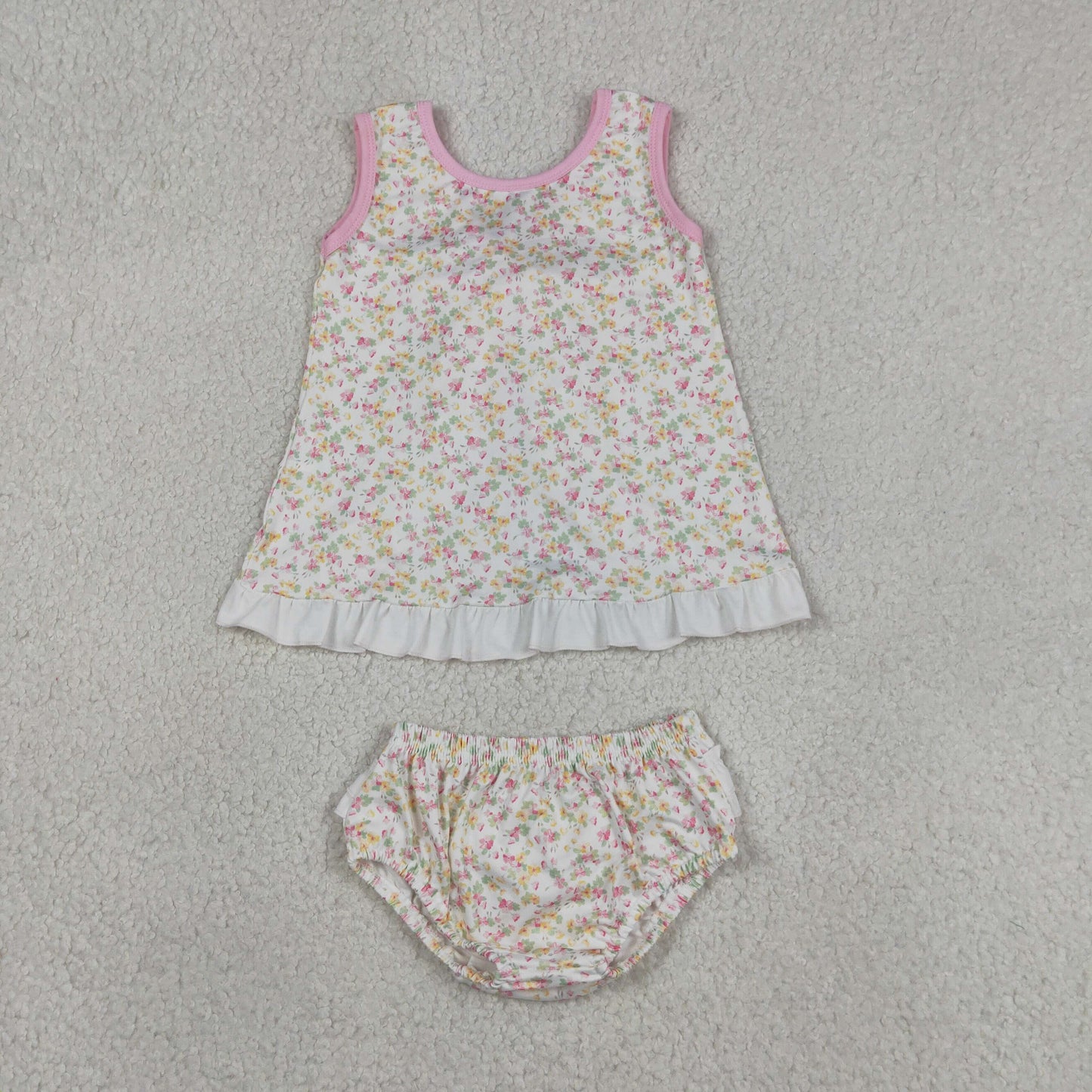 RTS NO MOQ milk silk GBO0518 Baby Girls Summer  Sleeveless Floral Print Back Bow Tunic Bummies Sets