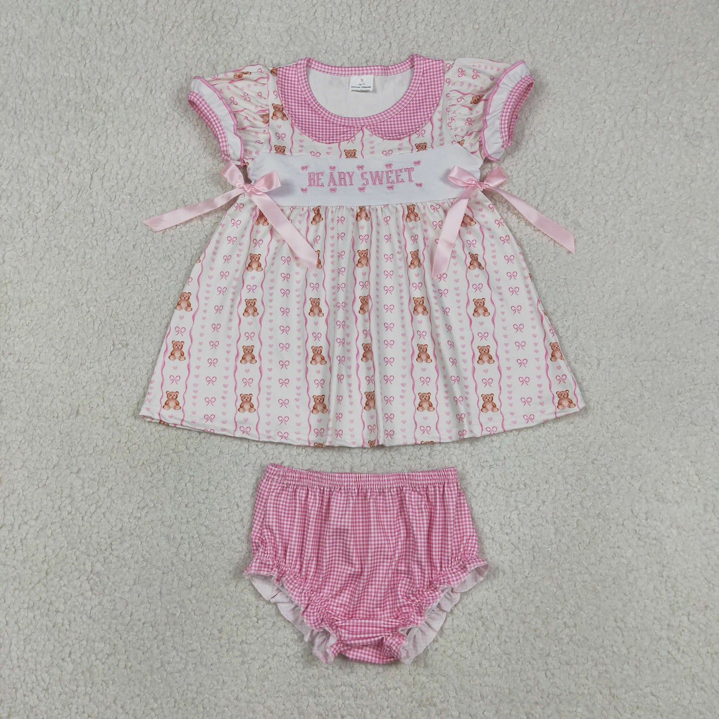 RTS NO MOQ milk silk GBO0520 Baby Girls Cute Embroidery Heart Bear Stripe Tunic Bummies Sets