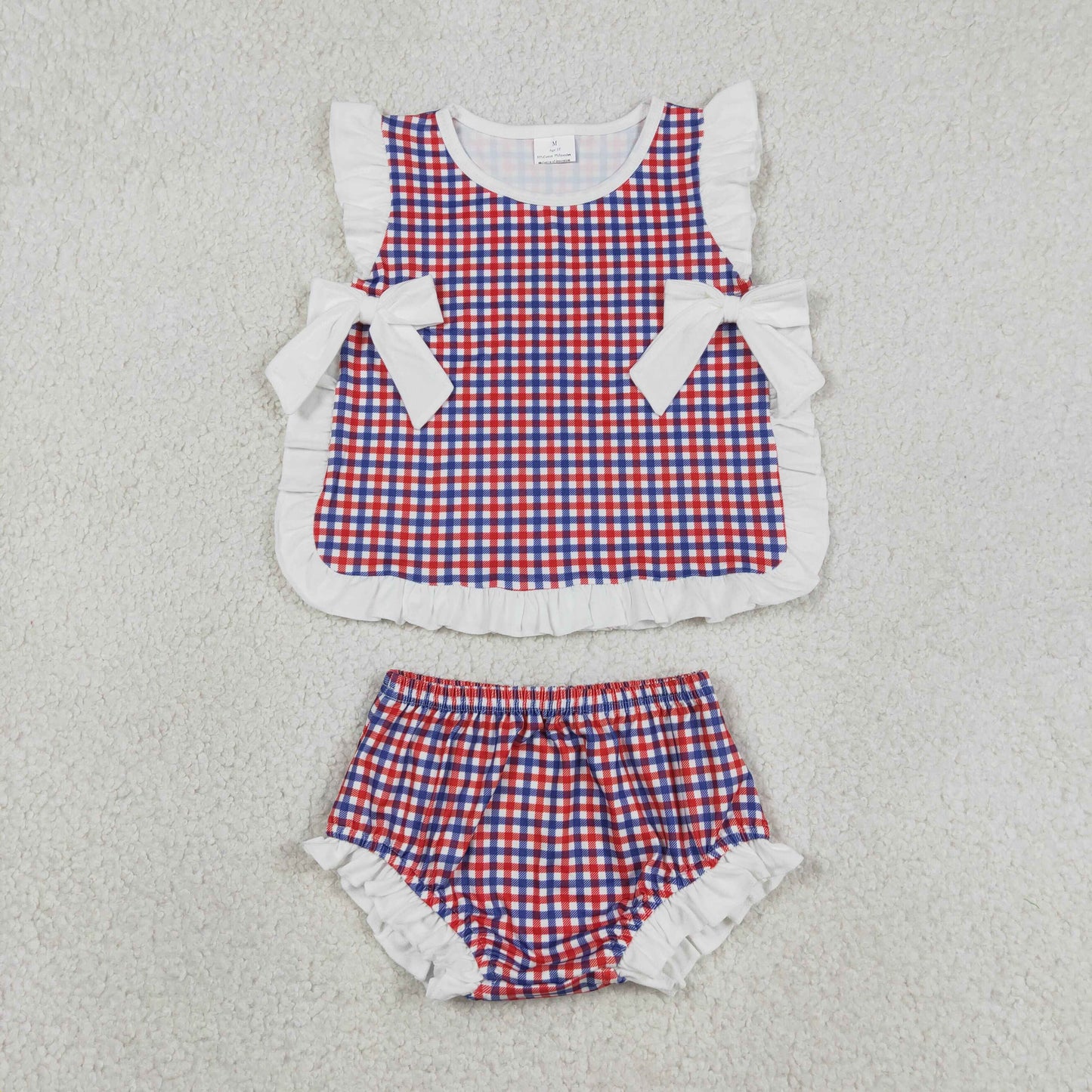 RTS NO MOQ Sibling milk silk Baby Girls Checked Bow Tunic Bummies Set Summer Wear