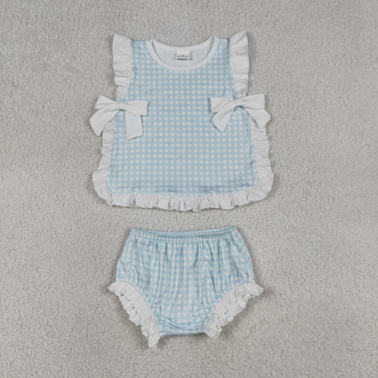 RTS NO MOQ milk silk GBO0529 Light Blue Checked Bow Tunic Bummies Sets For Baby Girls