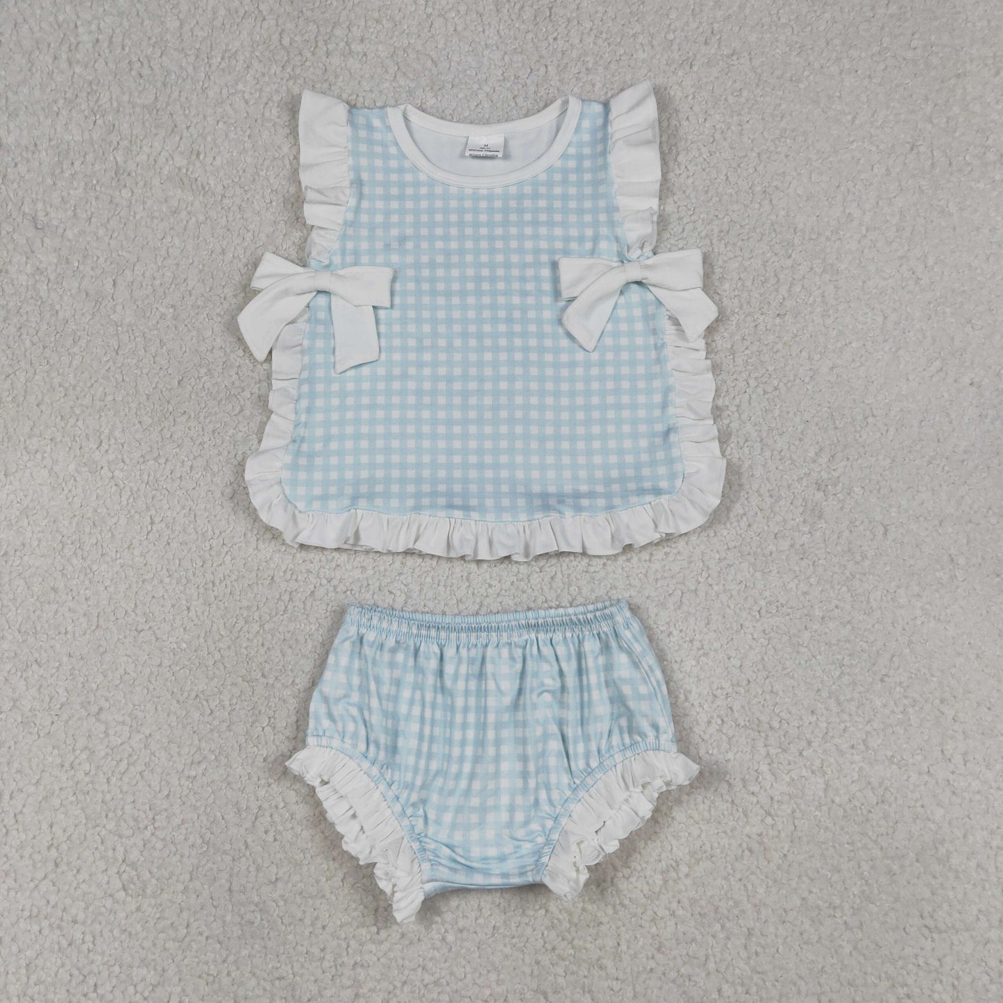 RTS NO MOQ milk silk GBO0529 Baby Girls Cute Light Blue Checked Bow Tunic Bummies Set