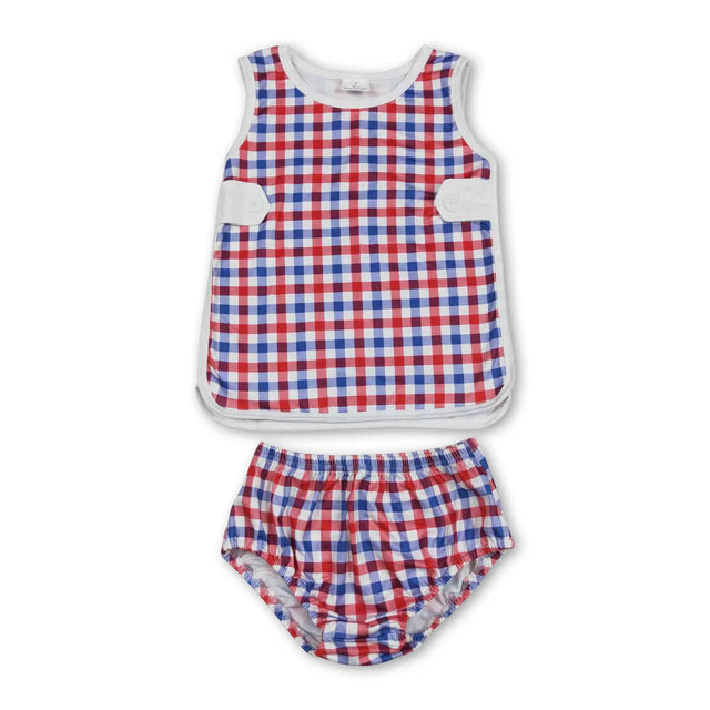 RTS NO MOQ Sibling milk silk Baby Boys Girls Summer Sleeveless Checked Bummies Set