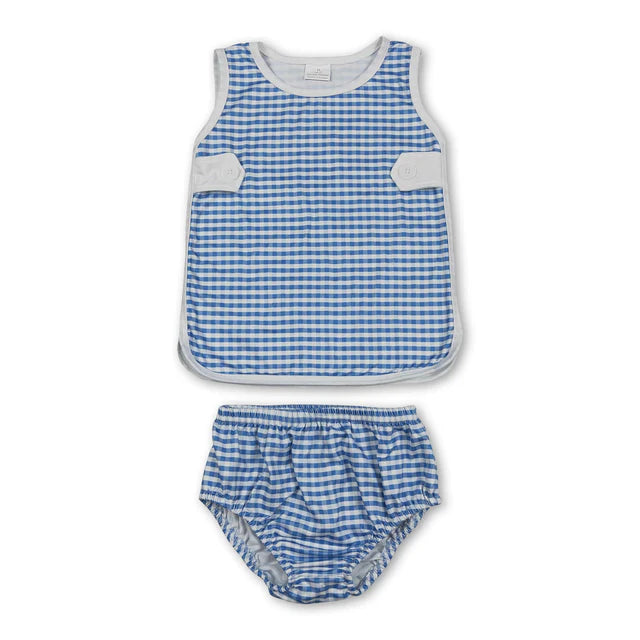 RTS NO MOQ Sibling milk silk Baby Boys Girls Summer Sleeveless Checked Bummies Set