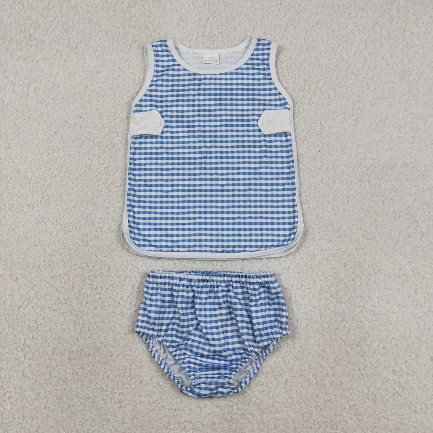 RTS NO MOQ GBO0531 Baby Kids Cute Blue Checked Top Bummies Daily Set