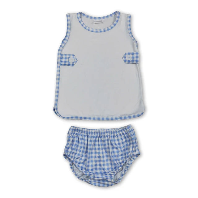 RTS NO MOQ Sibling milk silk Baby Boys Girls Summer Sleeveless Checked Bummies Set