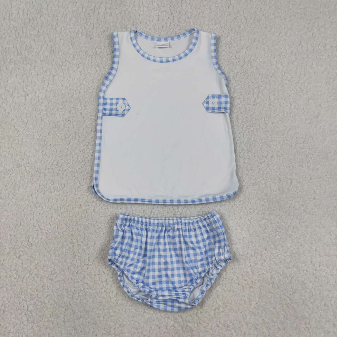 RTS NO MOQ GBO0532 Baby Boys Plaid Sleeveless Tunic Blue Checked Bummies Set