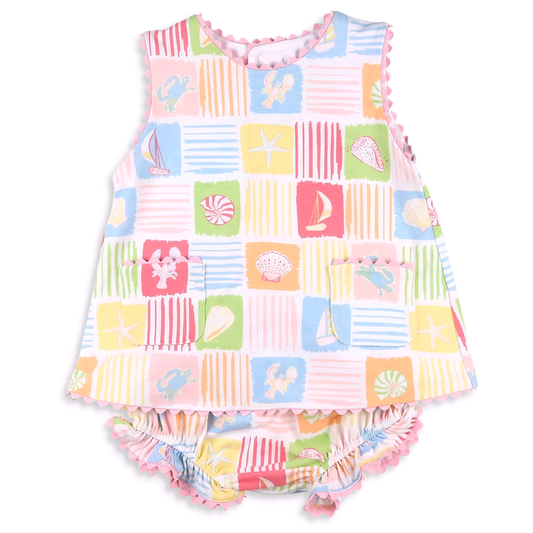 (Pre Order) No moq GBO0537 Baby Girls Summer Colorful Checked Beach Tunic Bummies Outfit
