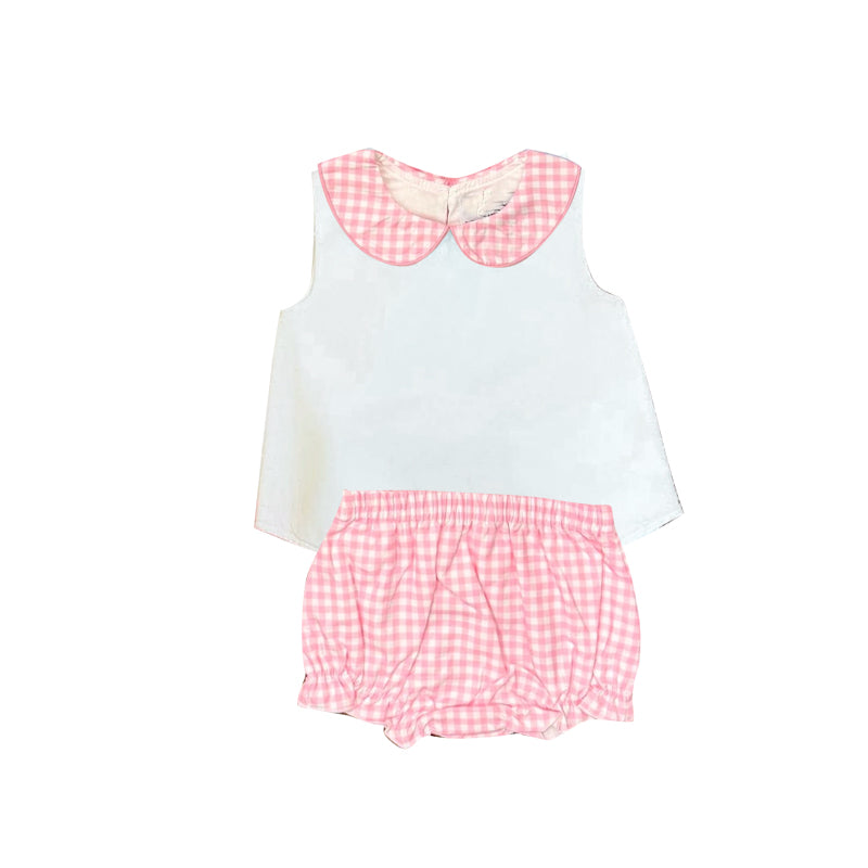 (Pre Order) No moq milk silk Baby Girls Checked Sleeveless Two Piece Tunic Bummies Set