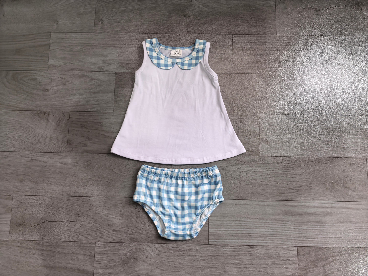 (Sample) No moq GBO0539（BT1847+SS0352） Baby Girls Light Blue Plaid Tunic Bummies Outfit