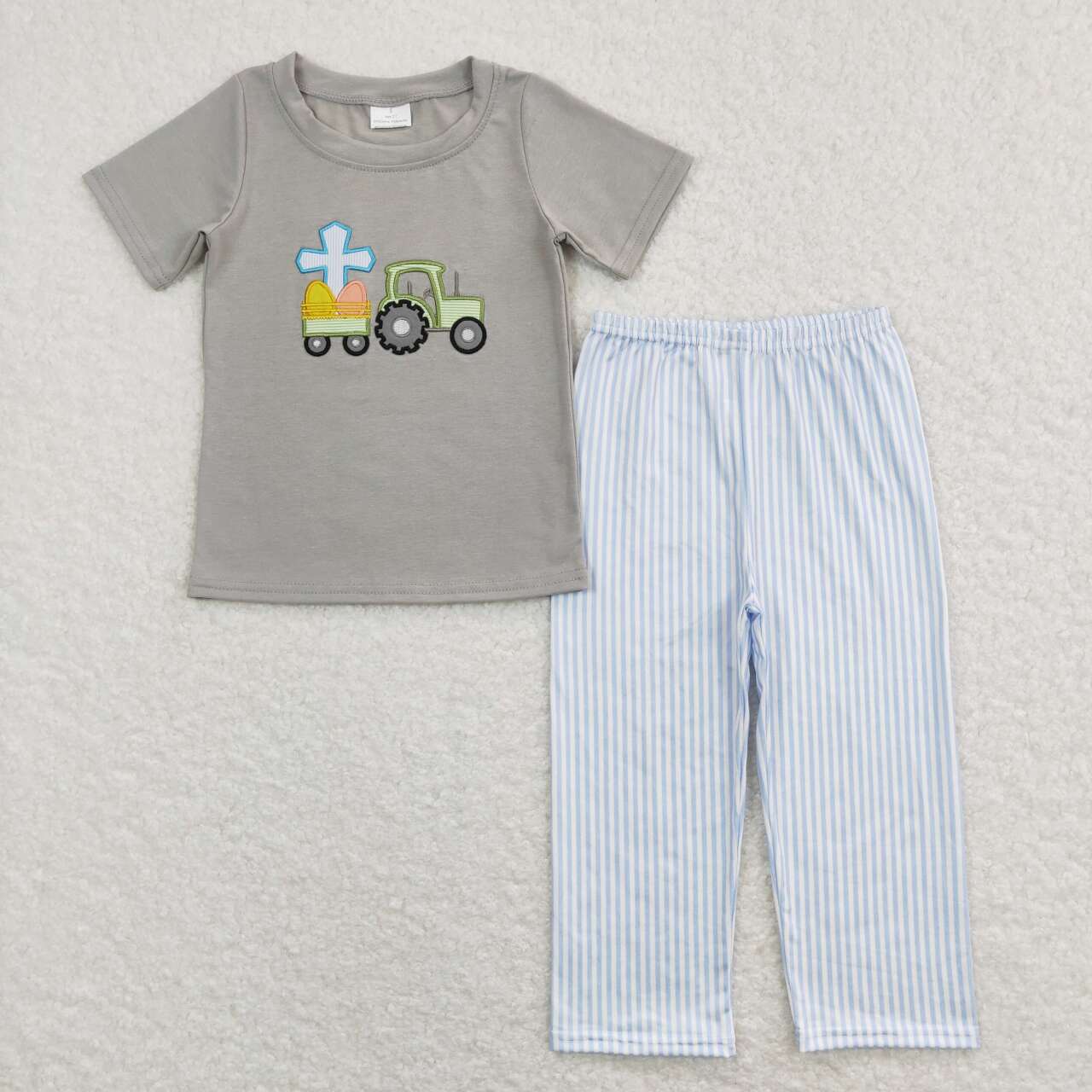 RTS NO MOQ（In Stock）Embroidered cross tractor gray short-sleeved blue and white striped trousers suit