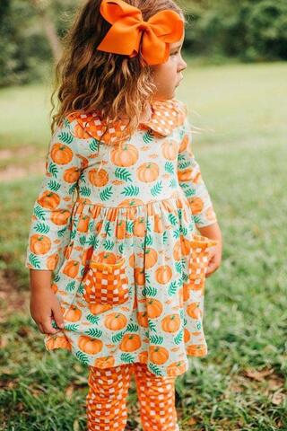 Pumpkin Orange Plaid Collar Pocket Long Sleeve Trouser Set