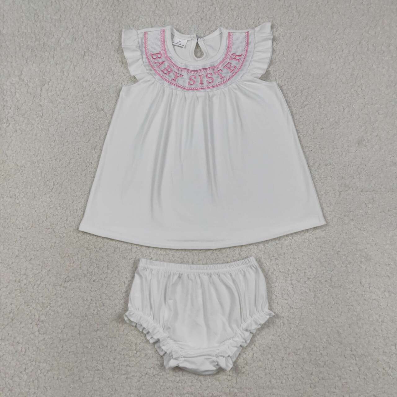 RTS NO MOQ GBO0490 Smocked Baby Sister Top with Flutter Sleeve Tunic And Bummies Short Clothes Sets for Girls