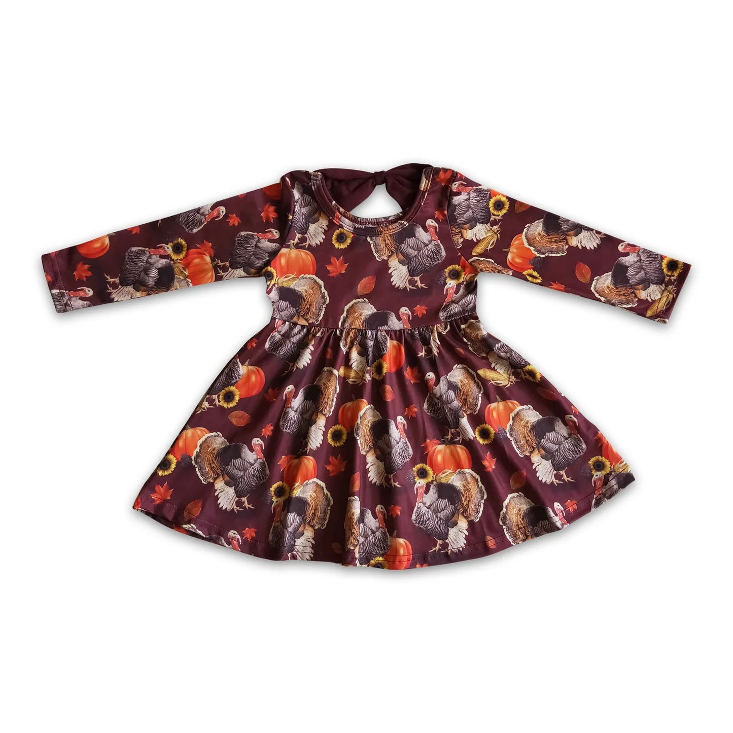 RTS NO MOQ Sibling milk silk Baby Girls Thanksgiving Turkey Pumpkins Print Ruffle Knee Length Dresses