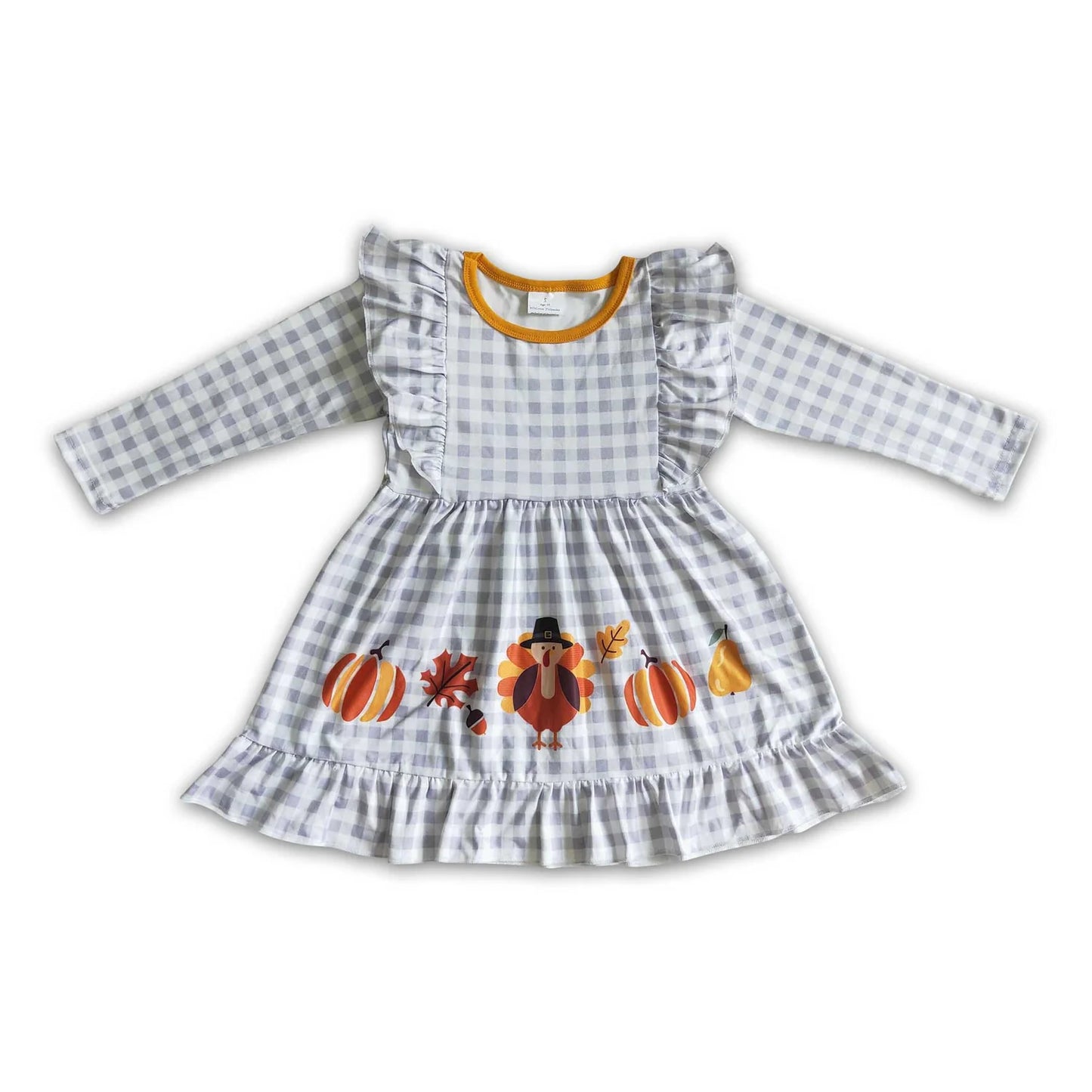 RTS NO MOQ Sibling milk silk Baby Girls Thanksgiving Turkey Pumpkins Print Ruffle Knee Length Dresses