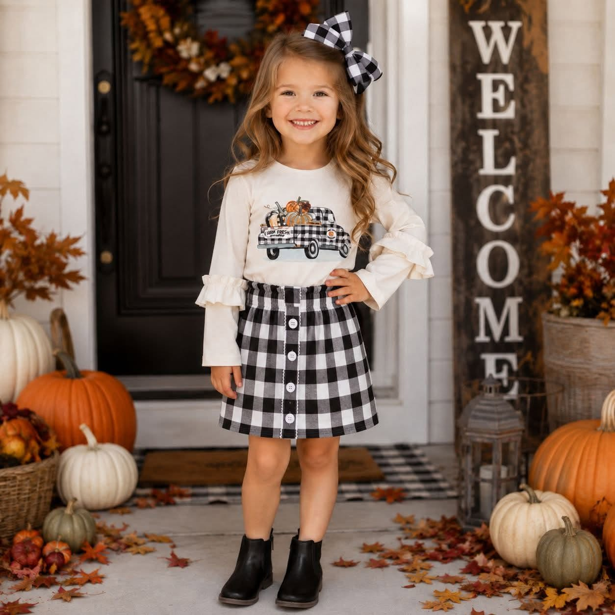 RTS NO MOQ GLD0070 girls halloween outfit short-sleeve top with short dress set print