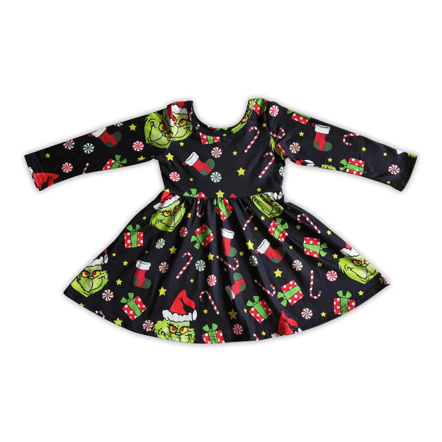 RTS NO MOQ Sibling milk silk Baby Girls Cute Christmas Long Sleeve Knee Length Dresses