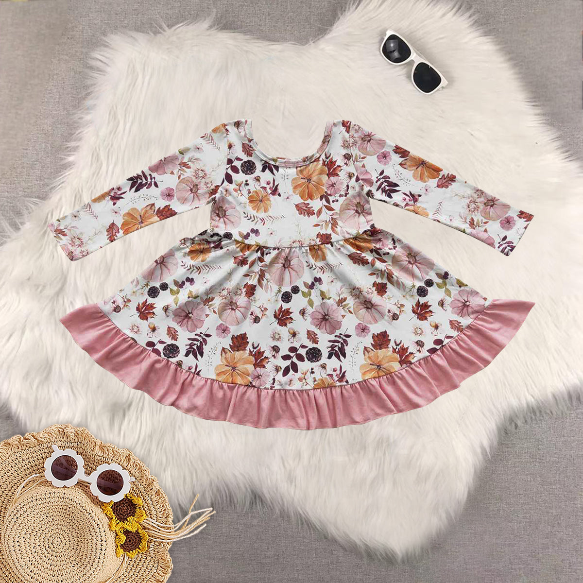RTS NO MOQ Sibling baby girls clothes pumpkin long-sleeved dresses