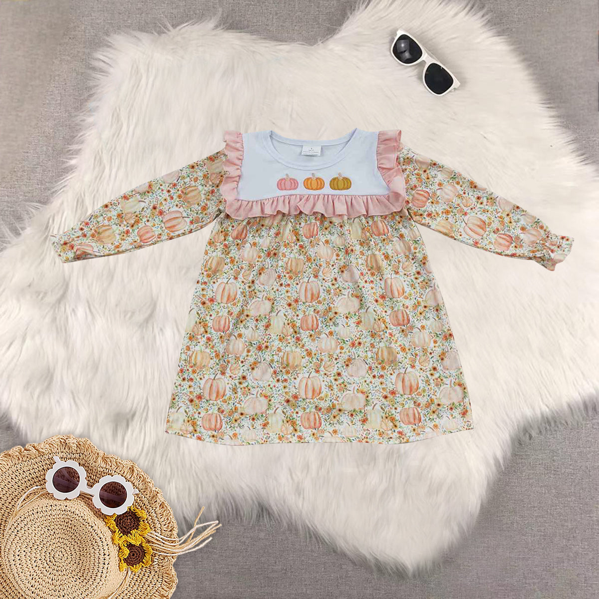 RTS NO MOQ Sibling baby girls clothes embroidery pumpkin long-sleeved trousers suit & romper & dress
