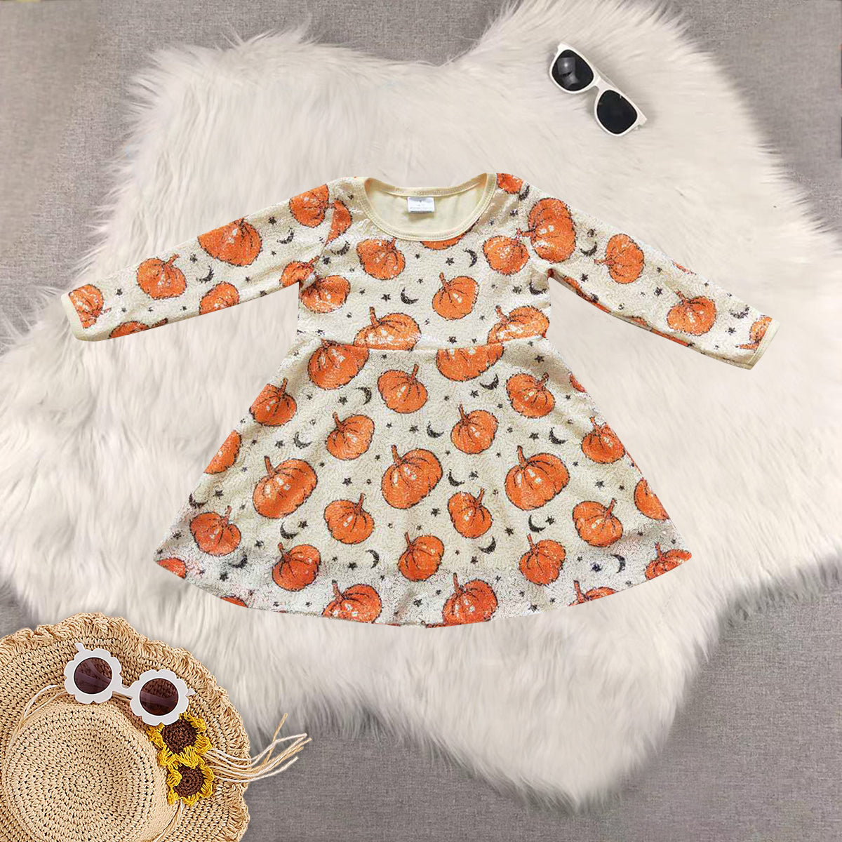 RTS NO MOQ Sibling baby girls clothes pumpkin long-sleeved dresses