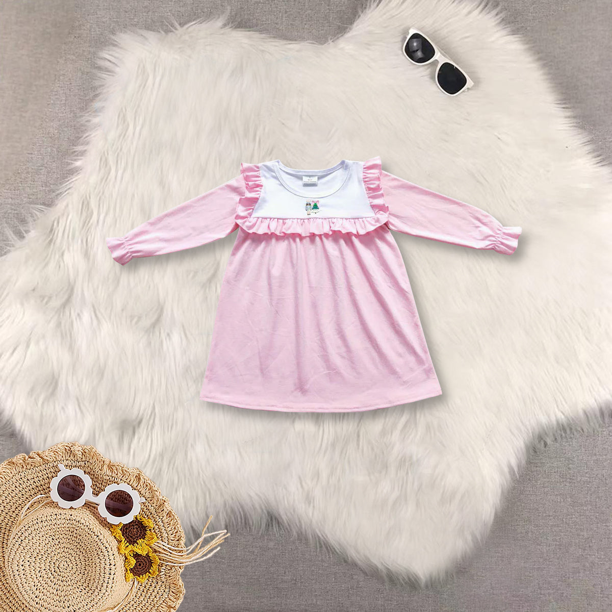 RTS NO MOQ Sibling baby boy girls clothes Embroidered Christmas Tree Pattern Boys and Girls Long Sleeve Suit and dress and romper