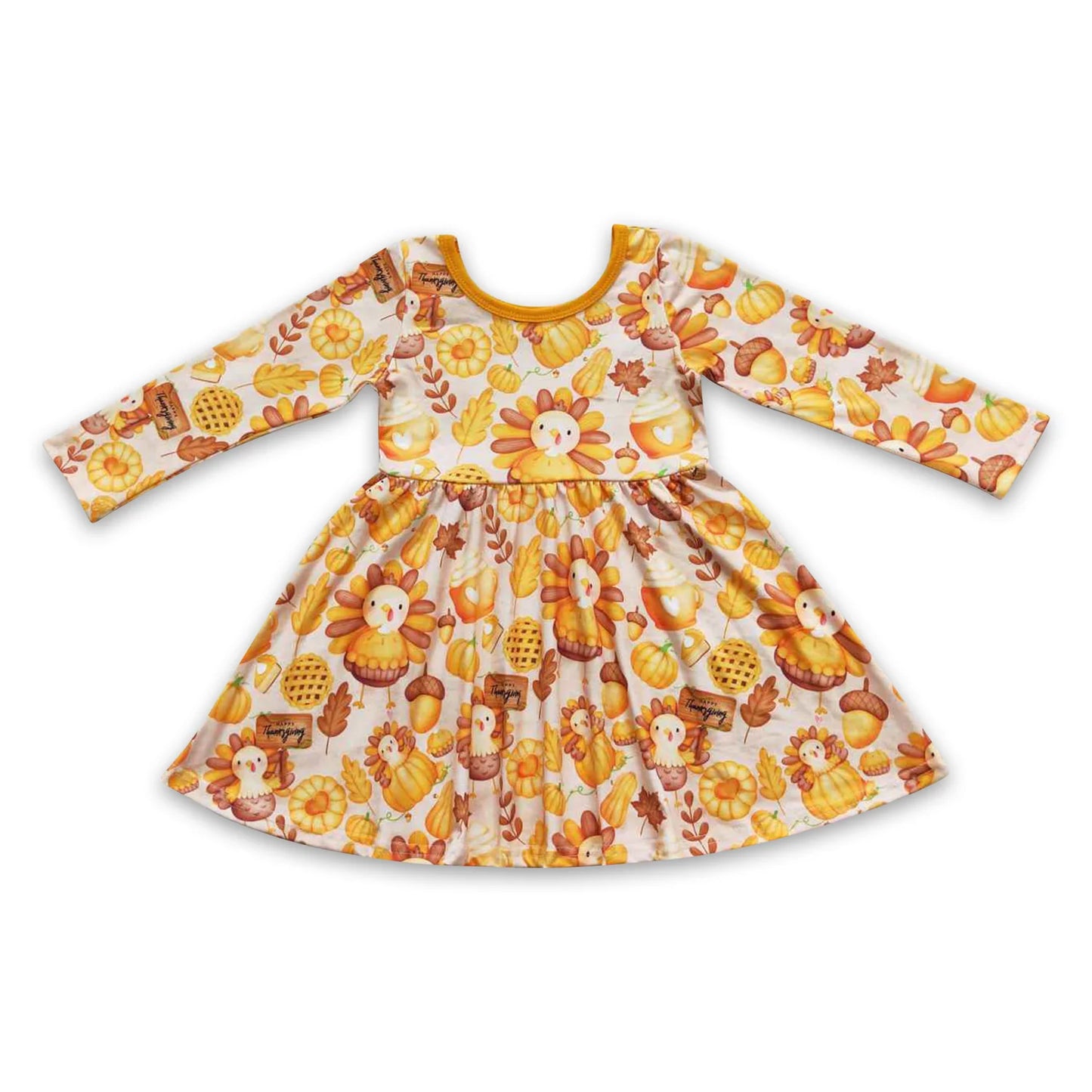 RTS NO MOQ Sibling milk silk Baby Girls Thanksgiving Turkey Pumpkins Print Ruffle Knee Length Dresses