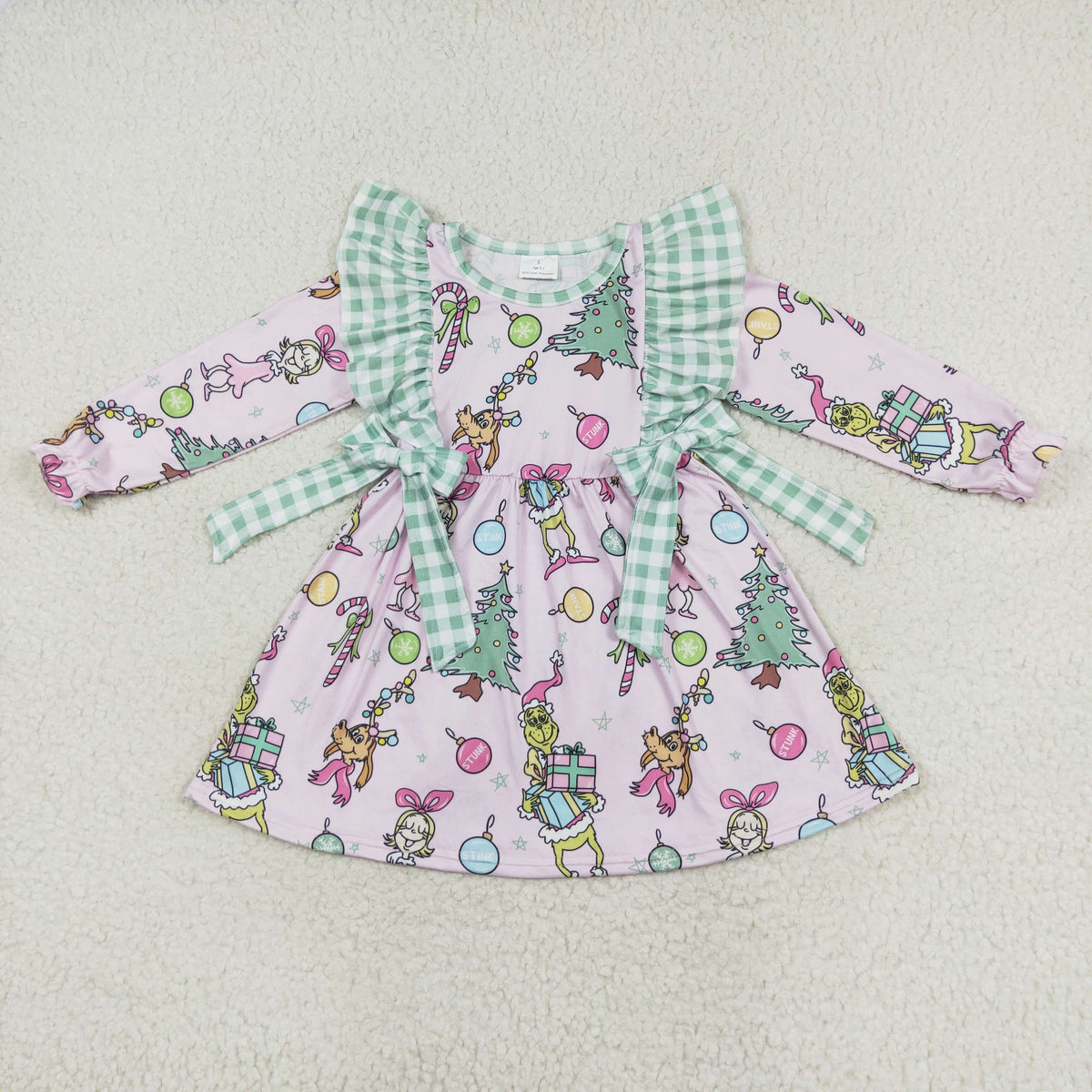 rts no moq GLD0519 Girls Christmas Green Plaid Bow Pink Long Sleeve Dress