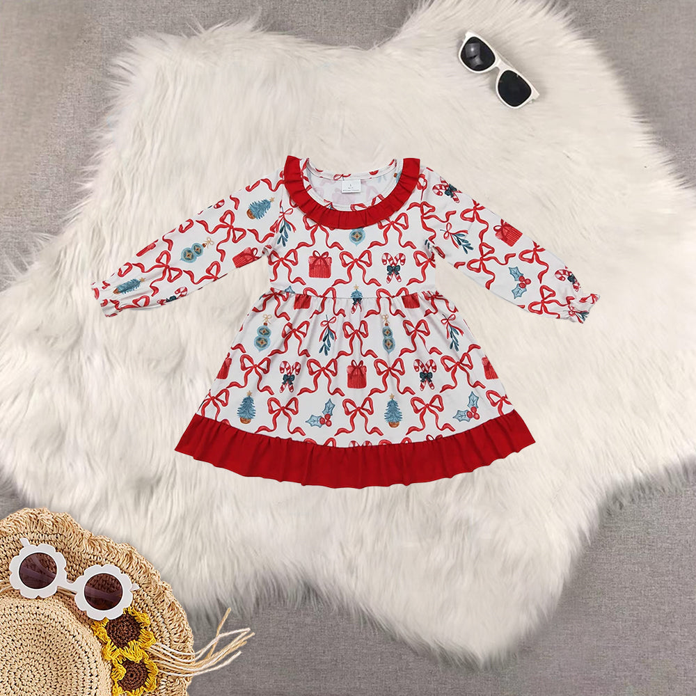 RTS NO MOQ Sibling baby girls clothes Christmas bow gifts red long-sleeved trousers suit & dress