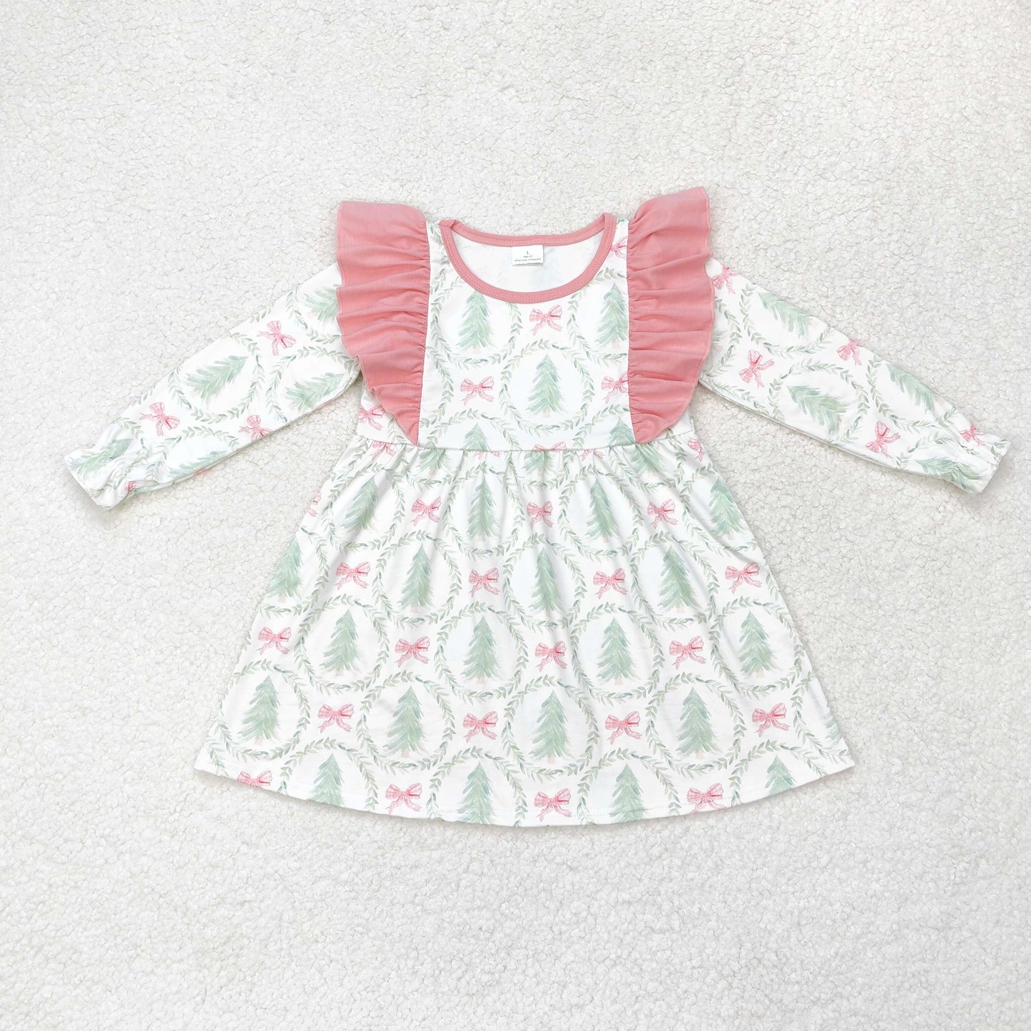 rts no moq GLD0555 Christmas tree bow pattern pink lace long sleeve dress