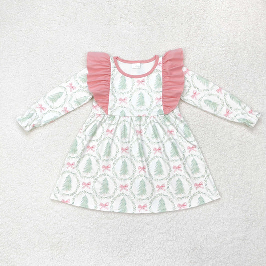 rts no moq GLD0555 Christmas tree bow pattern pink lace long sleeve dress