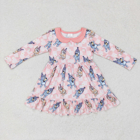 rts no moq GLD0577 girls flower plaid pink doll collar long-sleeved dress