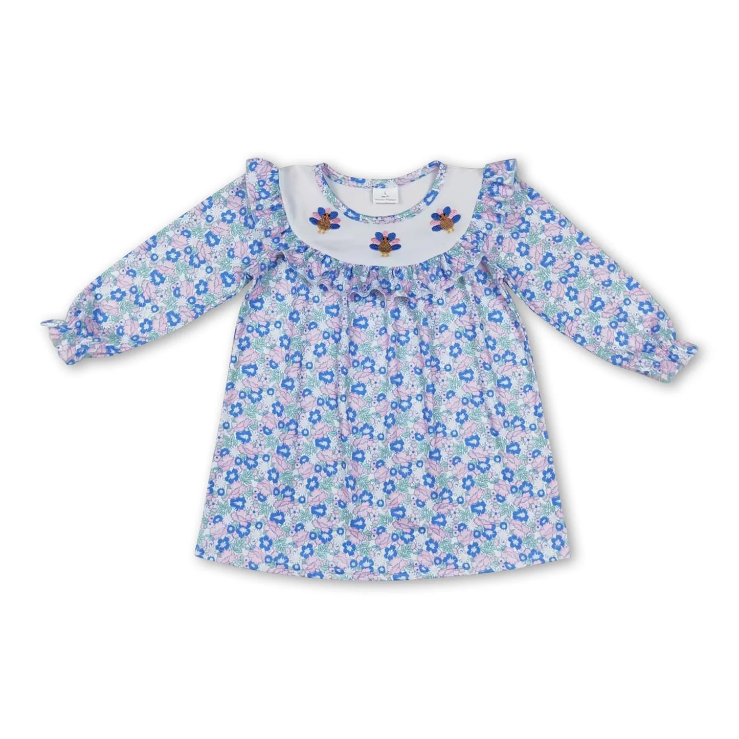 RTS NO MOQ Sibling milk silk Baby Girls Thanksgiving Turkey Pumpkins Print Ruffle Knee Length Dresses