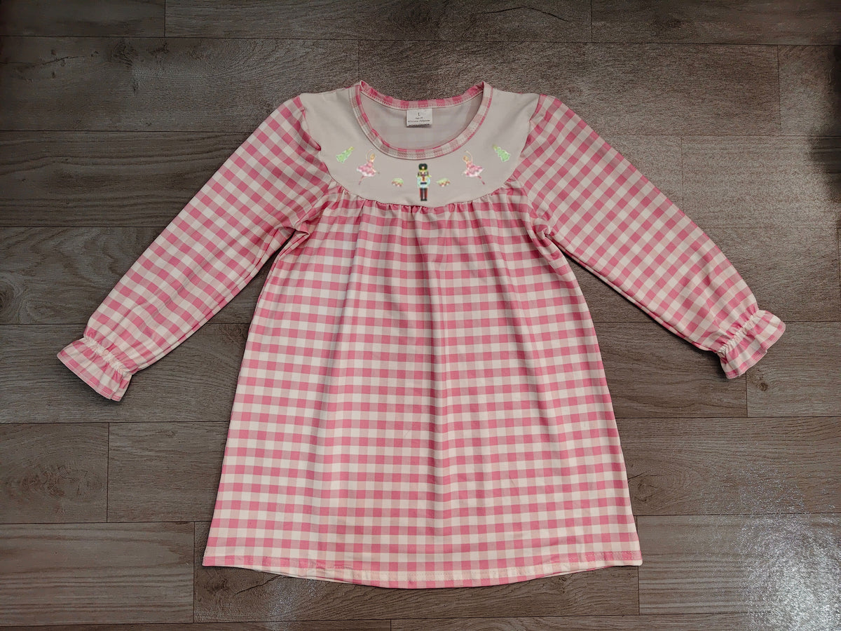 (Sample) No moq milk silk GLD0610 Embroidery Baby Girls Trees Print Pink Checked Knee Length Dress