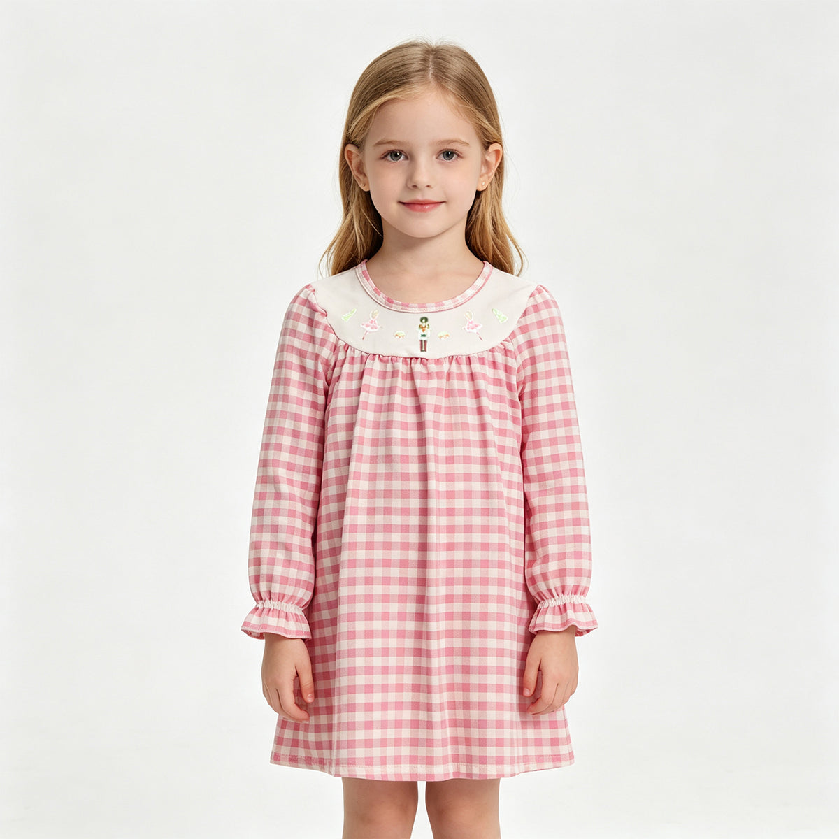 (Sample) No moq milk silk GLD0610 Embroidery Baby Girls Trees Print Pink Checked Knee Length Dress