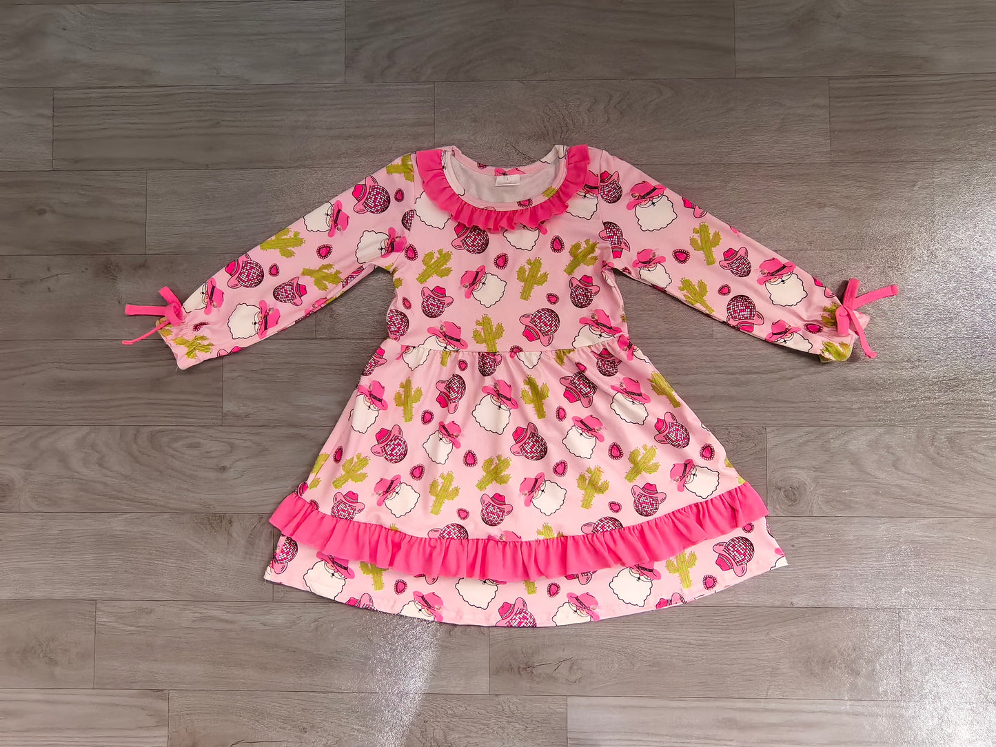 (Sample) No moq milk silk GLD0753 Baby Girls Christmas Santa Cactus Western Knee Length Dresses