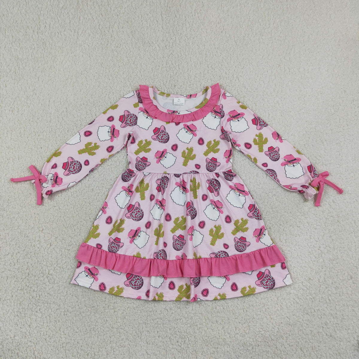 NEW RTS NO MOQ milk silk GLD0753 Baby Girls Long Sleeve Christmas Santa Cactus Western Knee Length Dresses