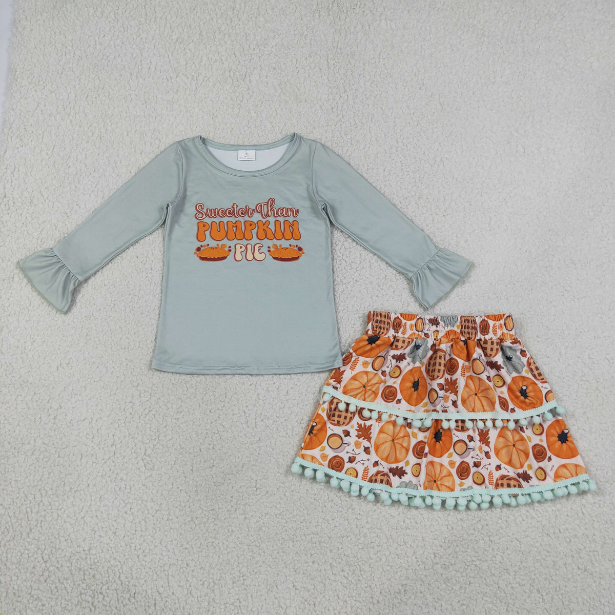 NEW RTS NO MOQ milk silk GLD0763 Baby Girls Long Sleeve Ruffle Top Pumpkin Pie Print Skirt Set