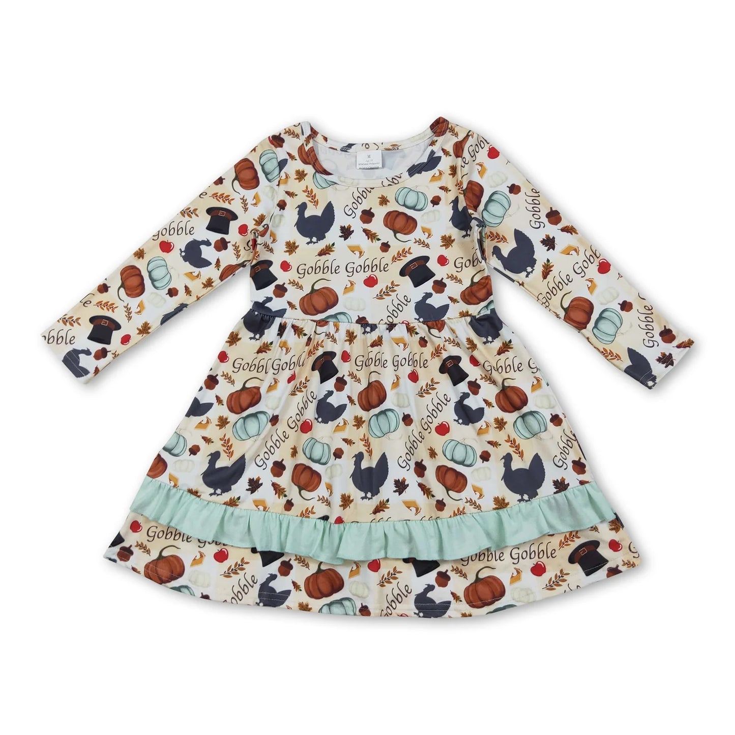 RTS NO MOQ Sibling milk silk Baby Girls Thanksgiving Turkey Pumpkins Print Ruffle Knee Length Dresses