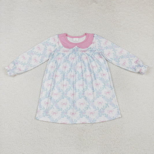 RTS NO MOQ ETA 5/7days arrived GLD0854 Bow pattern flowers and leaves pink doll collar white long sleeve dress