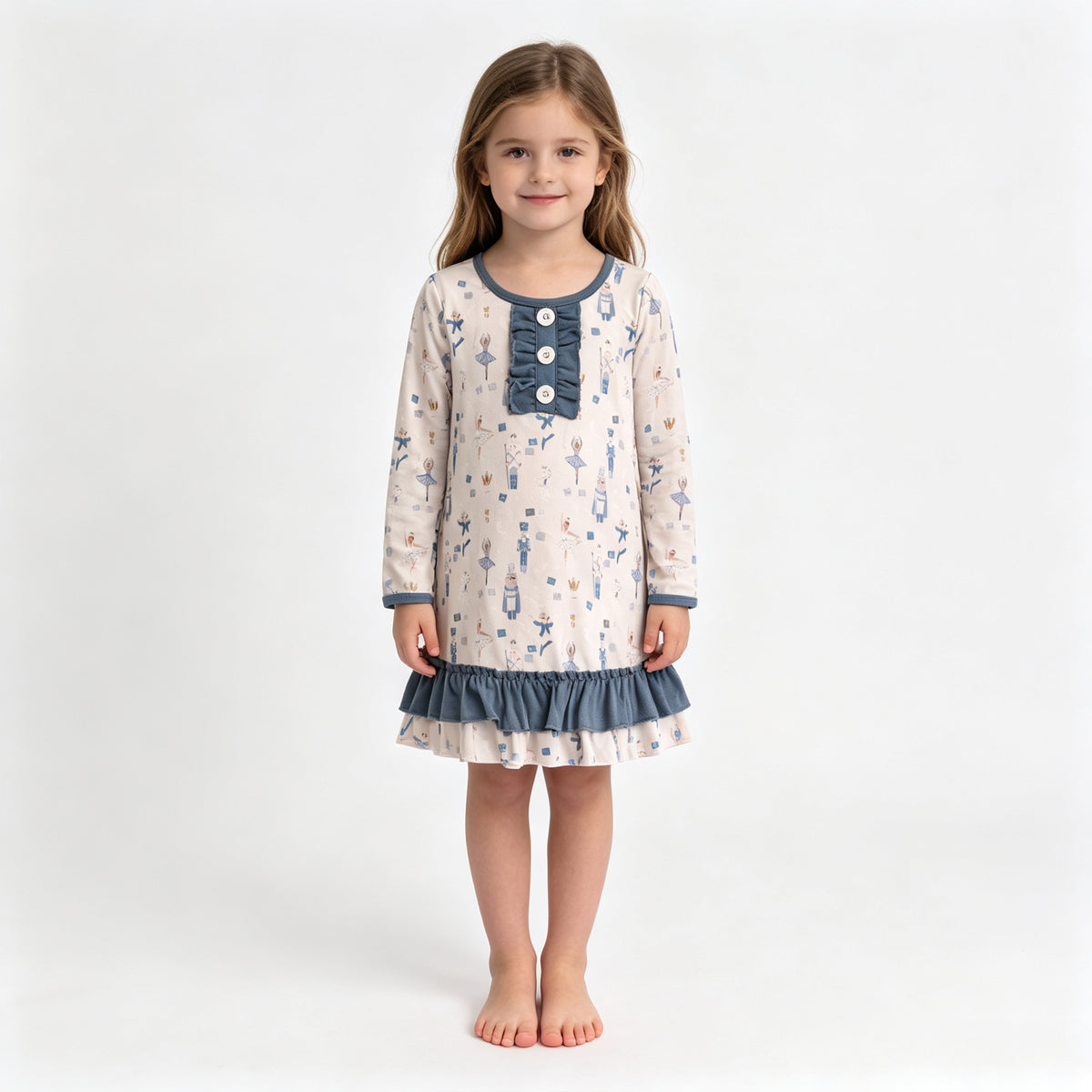 (Sample) No moq milk silk GLD0874  Baby Girls Christmas Blue Print Long Sleeve Knee Length Dress