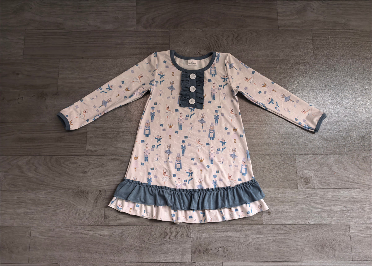 (Sample) No moq milk silk GLD0874  Baby Girls Christmas Blue Print Long Sleeve Knee Length Dress