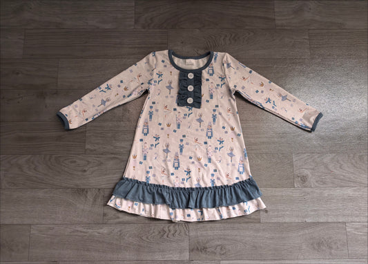 (Sample) No moq milk silk GLD0874  Baby Girls Christmas Blue Print Long Sleeve Knee Length Dress