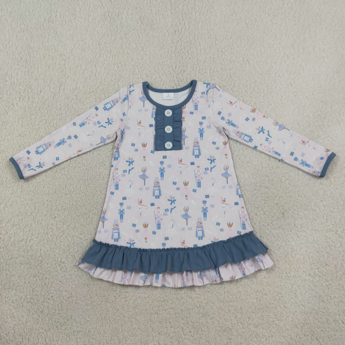 NEW RTS NO MOQ milk silk GLD0874 Cute Clothes Baby Girls Christmas Blue Print Long Sleeve Knee Length Dress