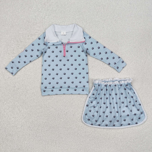 RTS NO MOQ ETA 5/7days Arrived GLD0972 Flower and leaf light blue zipper long-sleeved short skirt suit