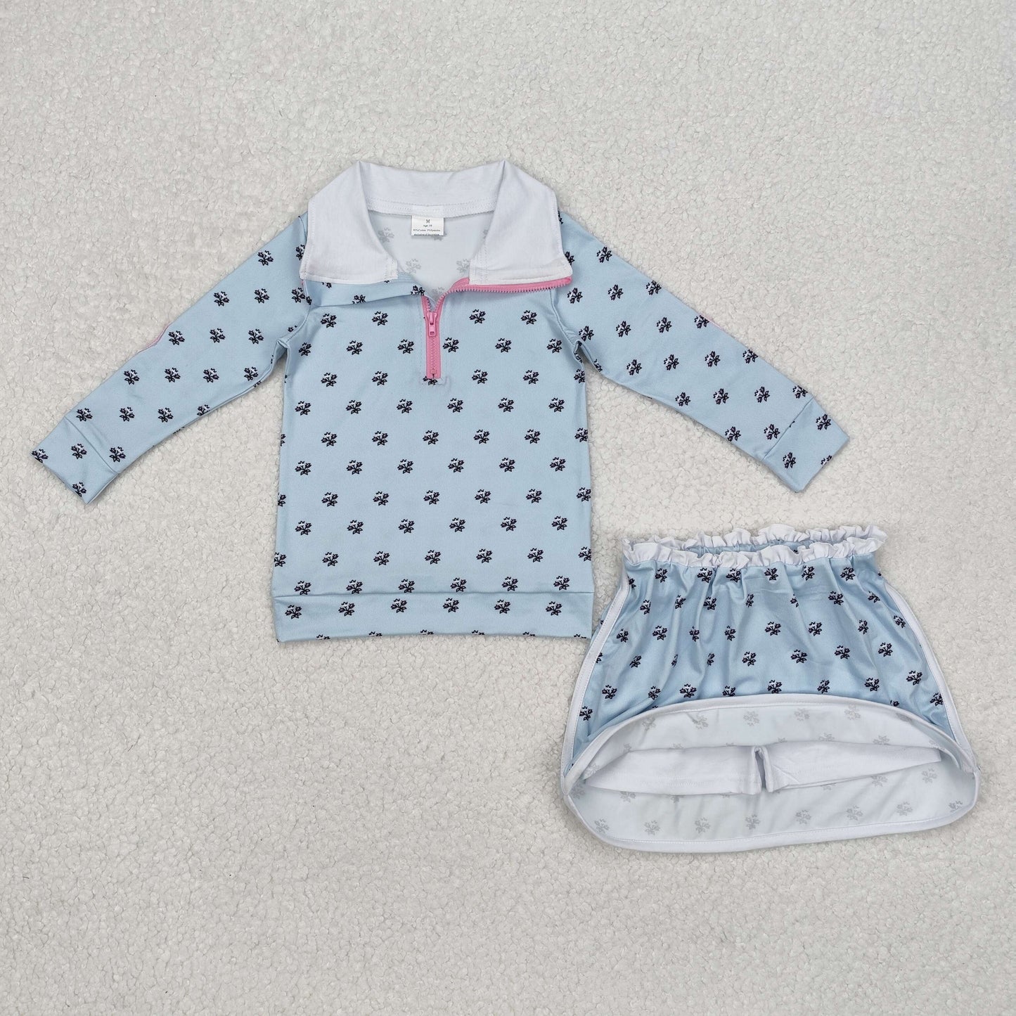RTS NO MOQ ETA 5/7days Arrived GLD0972 Flower and leaf light blue zipper long-sleeved short skirt suit
