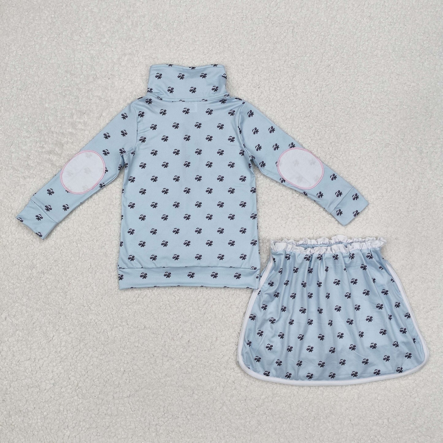 RTS NO MOQ ETA 5/7days Arrived GLD0972 Flower and leaf light blue zipper long-sleeved short skirt suit